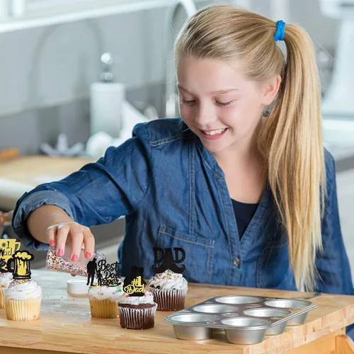 Miniatura 4 de Paquete de 24 adornos para cupcakes con purpurina para el Día del Padre, con purpurina para el mejor papá del mundo, sombrero de bigote #1