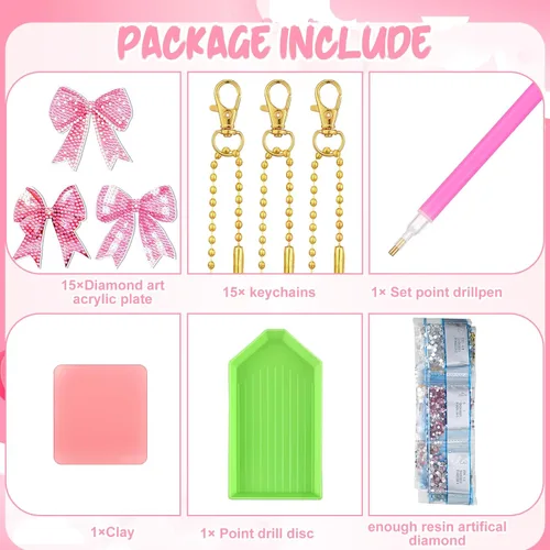 Miniatura 3 de Siifert 15 llaveros de arte de diamantes con lazo rosa, regalos de fiesta de coqueta, lazo rosa 5D, adornos colgantes de Navidad, kit de llaveros