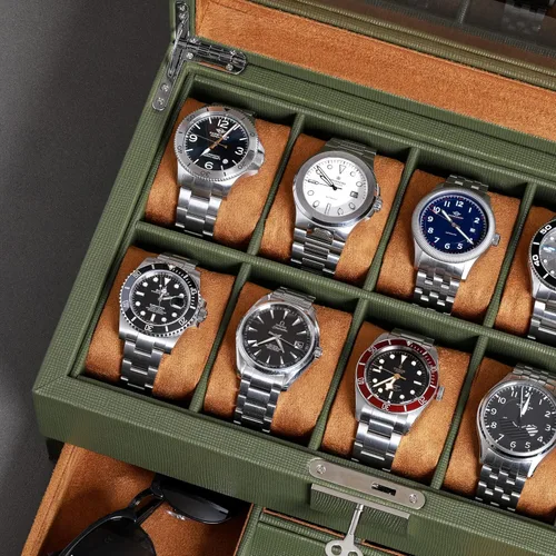 Miniatura 47 de ROTHWELL Caja de reloj de cuero de 10 ranuras con cajón de valet, organizador de exhibición de lujo con forro de microgamuza ultrasuave, soporte