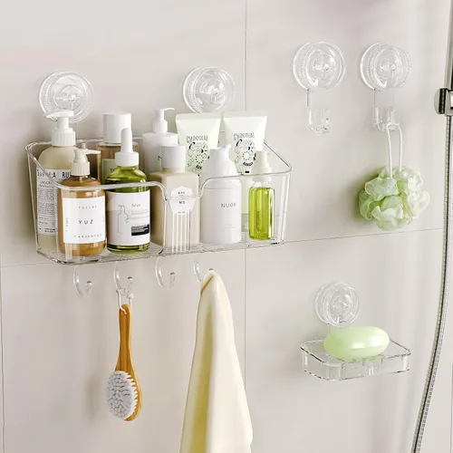LUXEAR Organizador de ducha con ventosa, sin perforaciones, organizador de ducha de sujeción fuerte con ganchos y jabonera, drenaje rápido,