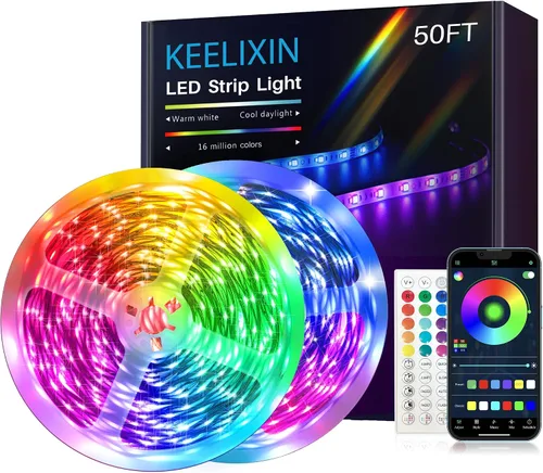 KEELIXIN Tira de luces LED RGB con sincronización de música con aplicación y control remoto (50 pies-2 rollos)