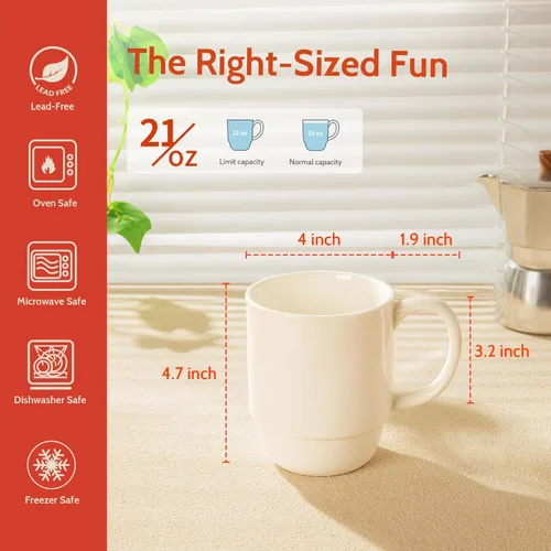 Miniatura 2 de Sweese Juego de tazas grandes de 21 onzas, juego de 6 tazas apilables de porcelana, tazas de café con asa para café, té y bebidas calientes