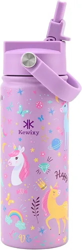 Miniatura 16 de KEWIXY Botella de agua aislada de 18 onzas con pajilla, tapa 2 en 1, popote y boquilla, a prueba de fugas, soporte para vasos, acero inoxidable