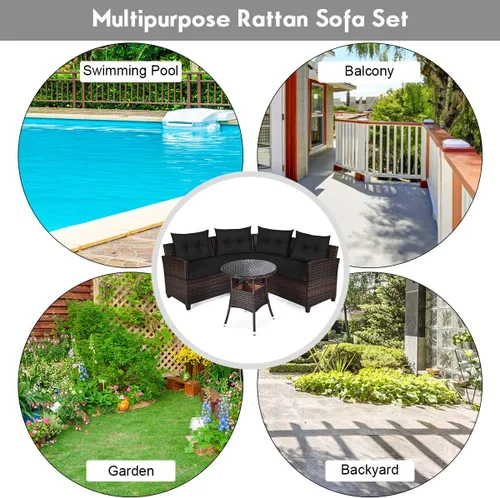 Miniatura 8 de Tangkula - Juego de muebles de patio de 4 piezas en forma de C de mimbre para exteriores, con cojines y mesa de centro con cubierta de cristal