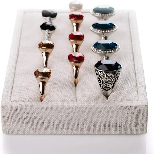 Miniatura 2 de Oirlv - 3 ranuras para anillos de lino bandejas de exhibición para joyas blanco cremoso rectangular