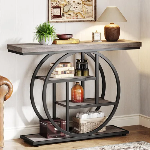 Miniatura 11 de Tribesigns Mesa de Consola de 41.3", Mesa Industrial de 4 Niveles para Sofá Mesa de Entrada con Base Circular, Mesas de Acento de Madera Estrechas