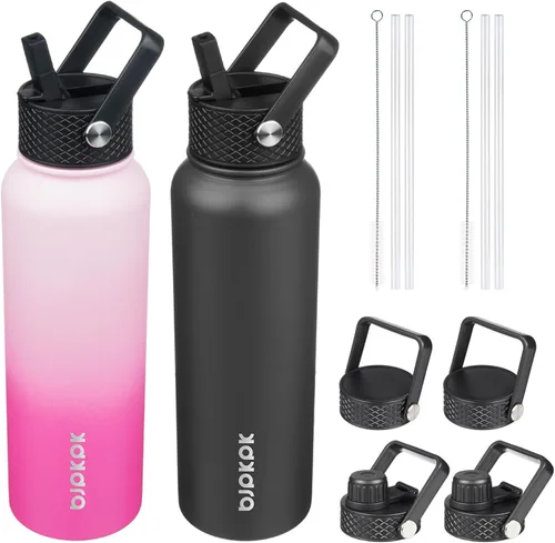 Miniatura 25 de BJPKPK Paquete de 2 botellas de agua aisladas con tapas con pajita, botella de agua de metal de acero inoxidable de 18oz con 6 tapas, jarras a
