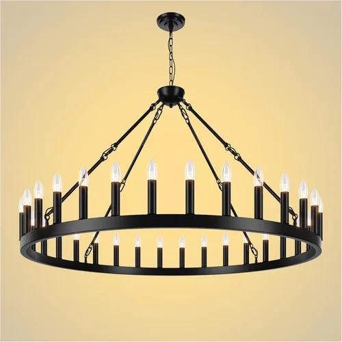 Miniatura 9 de Candelabro de dos niveles en negro, rueda de vagón grande, 54 luces, lámpara colgante de granja redonda de 152 cm, iluminación rústica para comedor