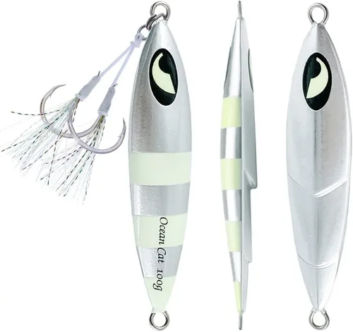 Miniatura 18 de OCEAN CAT Plomo de metal plano de caída lenta pesca señuelos hundimiento vertical cebo de jigging con gancho de mariposa para pesca en agua salada