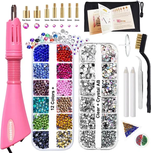esseelove Aplicador de Hotfix para bricolaje, kit de varita fija en caliente, 4536 piezas, AB, transparente, 12 colores, selector de gemas, cepillo,