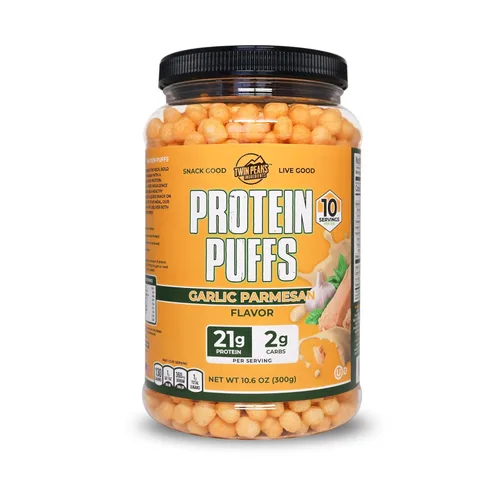 Twin Peaks Inflados de Proteína - (Ajo Parmesano), Apto para Dieta Cetogénica, Refrigerio Bajo en Carbohidratos (10.58 oz, 21g de Proteína, 2g de
