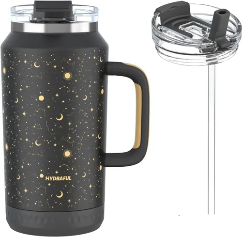 Miniatura 16 de Hydraful Vaso de 64 onzas con asa y pajilla, 100% a prueba de fugas, vaso aislado reutilizable, botella de agua grande de acero inoxidable, taza