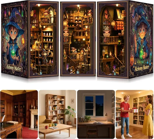 Miniatura 7 de SUNNINO Kit de Rincón de Libros - Kit de Casa en Miniatura DIY Rompecabezas 3D de Madera Casa de Muñecas Kits de Rincón de Libros para Adultos