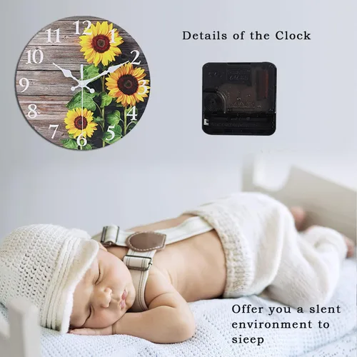 Miniatura 3 de Reloj de pared redondo de decoración de cocina de girasol, 10 pulgadas, decoración de baño, silencioso, sin tictac, reloj de madera
