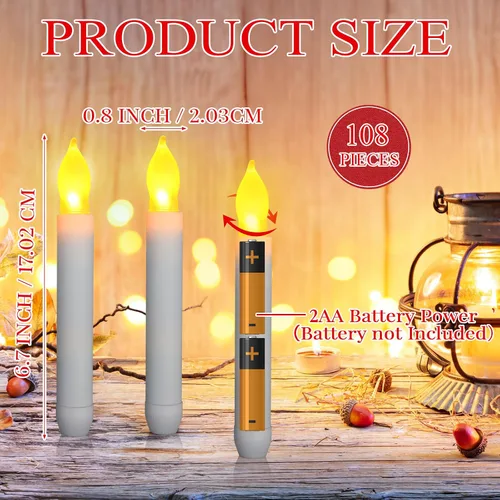 Miniatura 2 de Macarrie 108 Piezas Velas Cónicas LED Sin Llama que Funcionan con Batería, Velas Eléctricas de Luz Parpadeante Portátiles Candelabros, Decoración