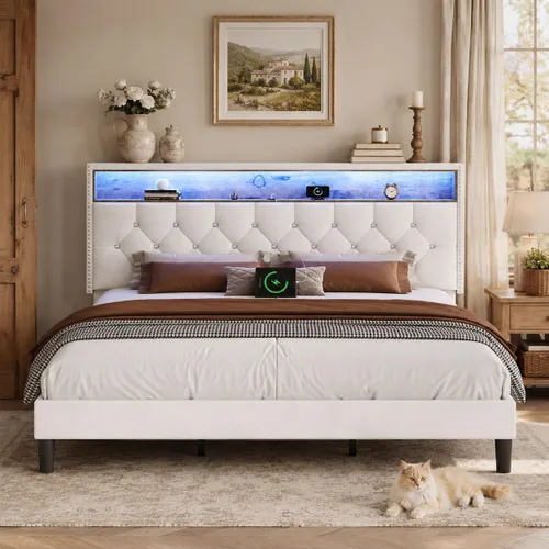Miniatura 12 de HOMBCK - Base de cama de tamaño matrimonial con estación de carga y cabecera de almacenamiento, marco de cama tapizado de terciopelo con luces LED