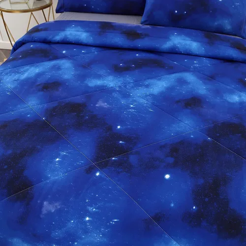 Miniatura 4 de SDIII Juego de edredón de 3 piezas azul de la galaxia tamaño matrimonial, edredón suave de microfibra ligero azul y rosa espacial tamaño Galaxia 1