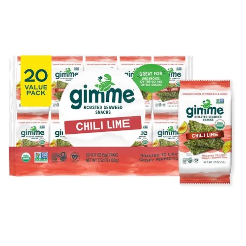 Miniatura 15 de Gimme Algas Marinas Orgánicas Premium Tostadas, Sal Marina, 20 Unidades, Keto, Vegano, Sin Gluten, Gran Fuente de Omega3 y Yodo, Aperitivo Saludable