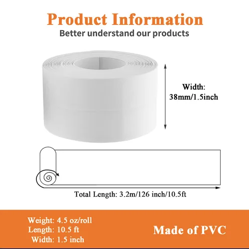 Miniatura 7 de Cinta de calafateo blanca Linlyda para baño y cocina, 1.5"x10.5 pies de PVC autoadhesiva, tira de calafateo impermeable, cinta de sellado