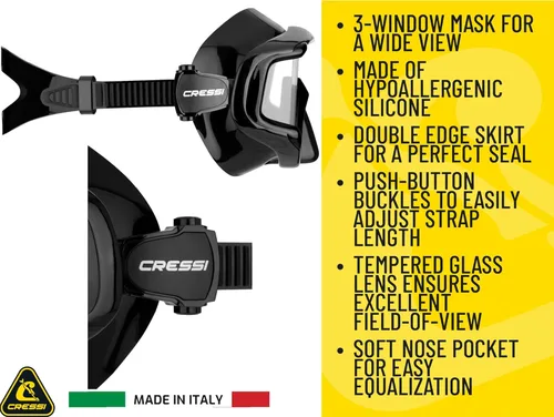 Miniatura 4 de Cressi Máscara grande de visión amplia para buceo y esnórquel, falda de silicona suave para un excelente sellado - Pano 3: diseñado en Italia