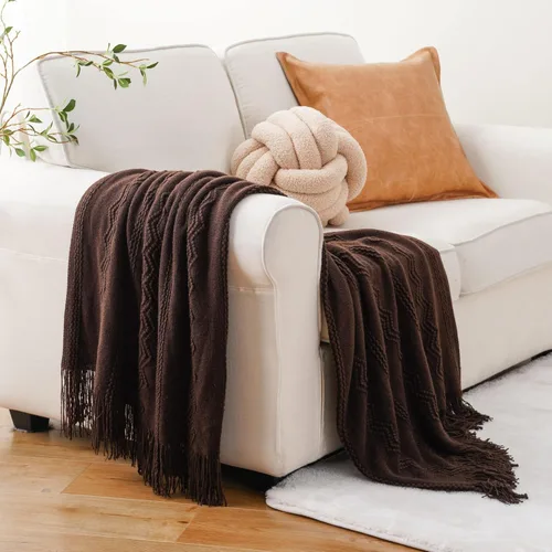 Miniatura 4 de BATTILO HOME Manta marrón para sofá, manta bohemia decorativa de punto chocolate para el hogar, cama, 50 x 60 pulgadas Marrón ondulado