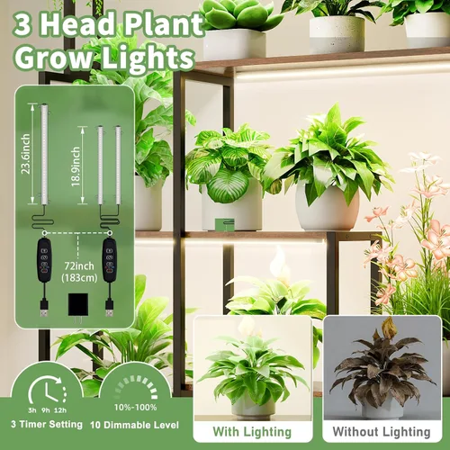 Miniatura 4 de MJOMKN Soporte grande para plantas de interior con luz de crecimiento, estante de metal para plantas de 72 pulgadas de alto, soporte para 12 macetas