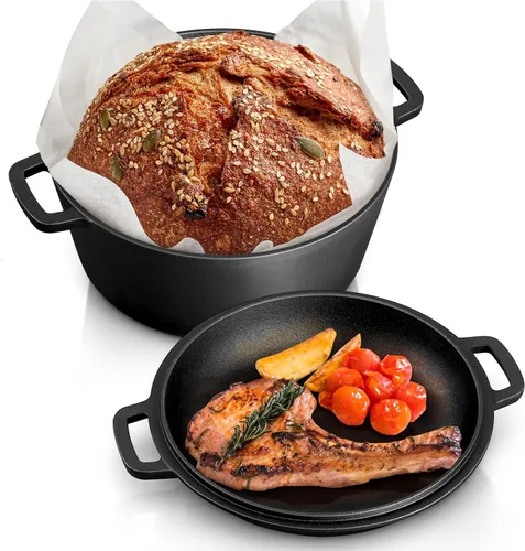 TeamFar Horno holandés de hierro fundido para pretemporada con tapa de sartén, sartén de hierro fundido 2 en 1, utensilios de cocina con asas dobles