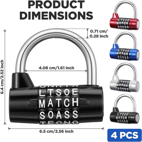 Miniatura 2 de Paquete de 4 candados de combinación de 5 letras – Candados de palabras reiniciables sin llave para casilleros de gimnasio, cajas de herramientas