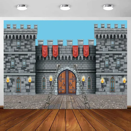 Telón de fondo de castillo medieval de 7 x 5 pies, pancarta de decoración de fiesta de castillo de caballero con arcos medievales para puerta de