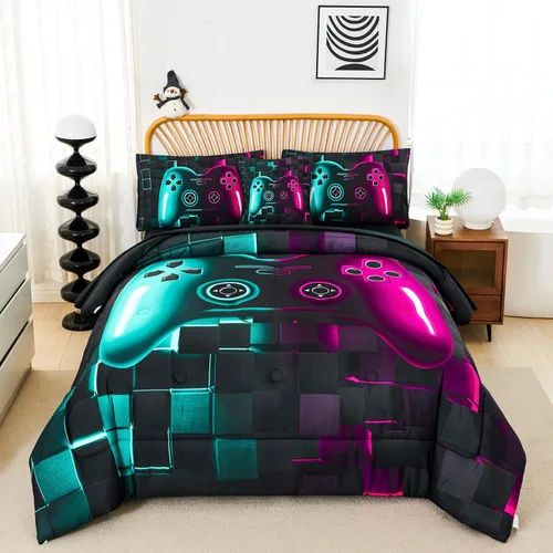 Miniatura 10 de PERFEMET Juego de ropa de cama tamaño Twin en una bolsa, 6 piezas, juego de ropa de cama gaming para niños, edredón azul gamer con juego de sábanas