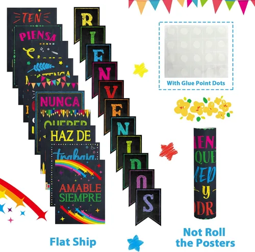 Miniatura 4 de gisgfim 21 pósteres inspiradores españoles de Bienvenidos, color negro, colorido, motivacional, juego de tablones de anuncios para el aula, oficina