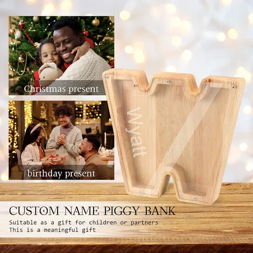 Miniatura 5 de Wooden Piggy Bank Personalized 26 English Alphabet Letter Coin Bank Custom Money Box Wooden Piggy Bank Gift for Kids Christmas Birthday Gift Home