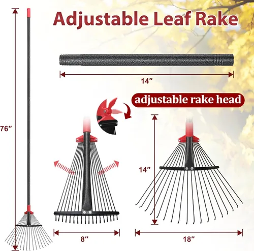 Miniatura 4 de Rastrillo de 76 pulgadas para hojas, 18 dientes de metal ajustables con cabeza expandible, rastrillos de jardín para césped, rastrillo de metal