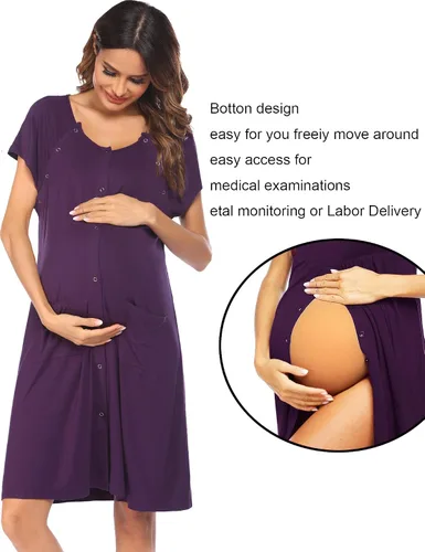Miniatura 2 de Ekouaer Vestido de enfermería 3 en 1 para el partopartohospital, camisón de maternidad para lactancia materna con botón S-XXL