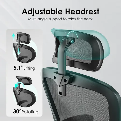 Miniatura 3 de Silla de oficina ergonómica de malla, silla de escritorio con respaldo alto y reposabrazos, soporte lumbar ajustable hacia arriba y hacia abajo