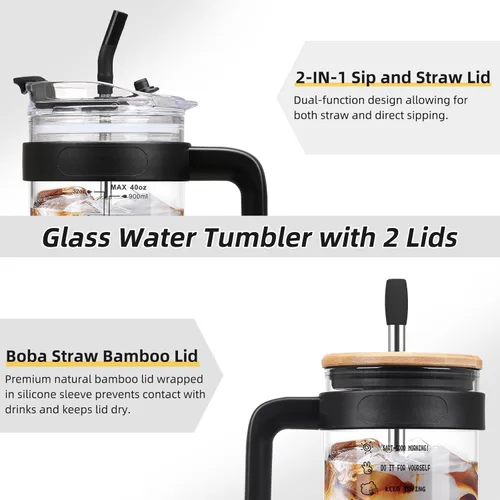 Miniatura 2 de chunmo Vaso de vidrio de 40 onzas con 2 tapas, tapa de popote de bambú y tapa para popote 2 en 1 para sorber y voltear, taza de café helado con asa