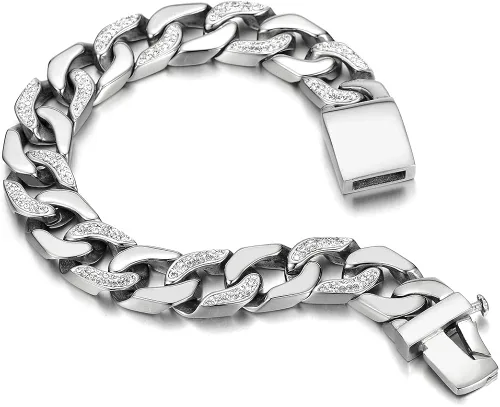 Miniatura 2 de COOLSTEELANDBEYOND Pulsera de cadena de acero inoxidable para hombre, altamente pulida con circonita cúbica