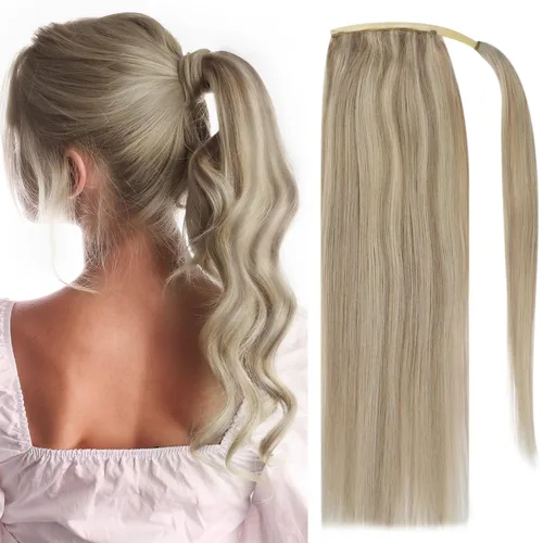 Miniatura 13 de Full Shine - Extensión de cola de caballo con clip, color marrón oscuro con mechas rubio miel, extensión de cabello humano real para mujeres, 14