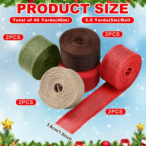 Miniatura 2 de WILLBOND 8 rollos de 44 yardas de cintas navideñas con borde de alambre, rollos de arpillera con alambre de tela navideña, cinta de tejido