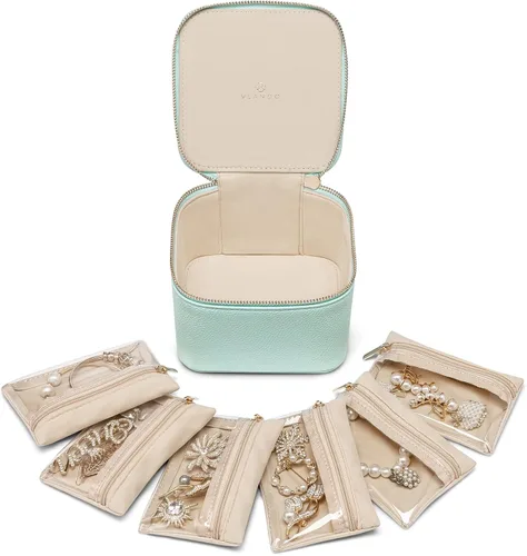 Vlando Joyero de viaje, estuche de viaje para joyería con 6 bolsillos de terciopelo con cremallera, organizador de joyas de viaje para anillos,