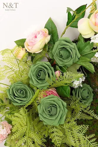 Miniatura 6 de N&T NIETING 25 unidades de flores artificiales, Rosas de espuma artificial de sensación real al tacto, decoración para boda, dama de honor, ramo
