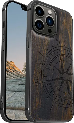 Miniatura 13 de Carveit Funda magnética de madera para iPhone 13 [madera real dura y TPU suave] Funda protectora híbrida de madera única y elegante a prueba