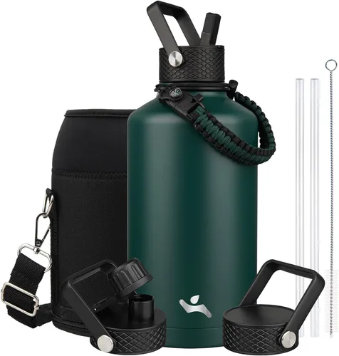 Miniatura 50 de Konokyo - Botella de agua aislada de 18 onzas, botellas deportivas de acero inoxidable con 3 tapas, verde militar