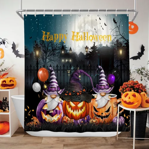 Miniatura 2 de Cortina de ducha de Halloween, calabazas aterradoras, cortinas de ducha para baño, noche de luna espeluznante, cortina de baño, casa cazada