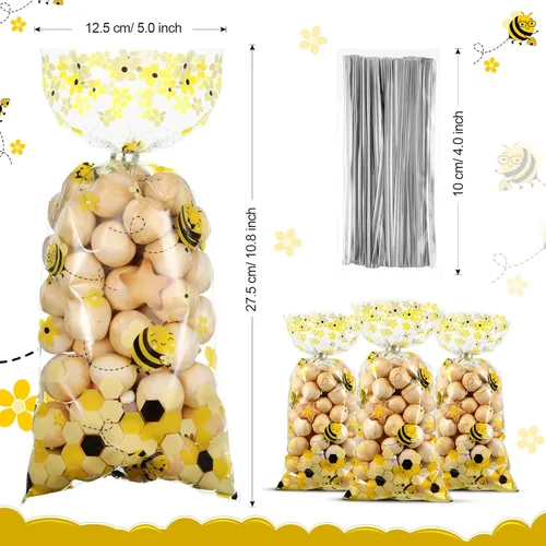 Miniatura 3 de Outus 100 bolsas de regalo de celofán para fiestas de abeja, bolsas de regalo de plástico con 100 lazos giratorios plateados para niños, cumpleaños