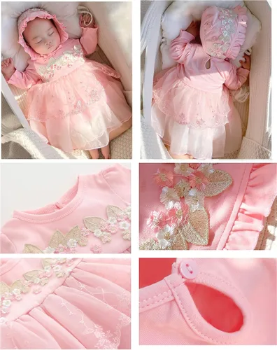 Miniatura 2 de foohinck Ropa de vestir para niña recién nacida, 0, 3, 6 meses, vestido de princesa rosa, traje de bautismo blanco, vestido de fiesta, sombrero