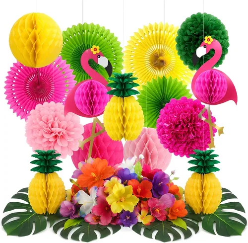 Miniatura 8 de Juego de 29 piezas de decoración de fiesta de hojas de palmera de flamenco tropical, abanicos de papel, pompones y linternas para Luau hawaiano