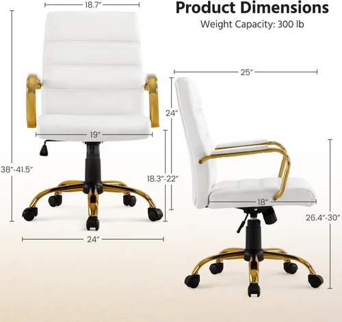 Miniatura 3 de Yaheetech Silla de Oficina de Respaldo Medio de Cuero PU Silla de Escritorio Ejecutiva Ajustable con Soporte Lumbar Pata Dorada Asiento Blanco