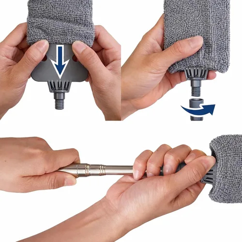 Miniatura 7 de Limpiador de polvo retráctil con poste de extensión, herramientas de limpieza con 3 paños de microfibra, plumero de mango largo extensible para Gris