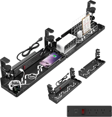 Bandeja extendida de metal para organizar cables debajo del escritorio con toma de corriente, organizador de cables sin taladrar con abrazadera,